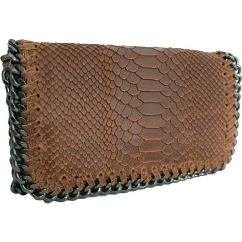 Brown Leather Womens Bag With Snake Print and Reptile Boa Chain Women Urban Chic Fashion Soft Small Rust Maroon