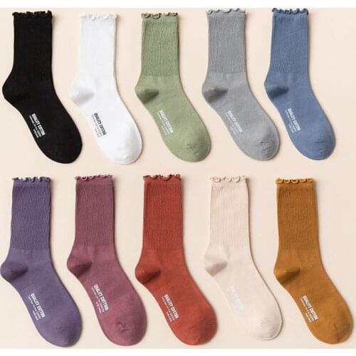 High Quality 2021 Women Socks Ruffler Solid Color Sweet Girl Style Crew Socks 90% Cotton Socks Breathable Comfortable Long Socks