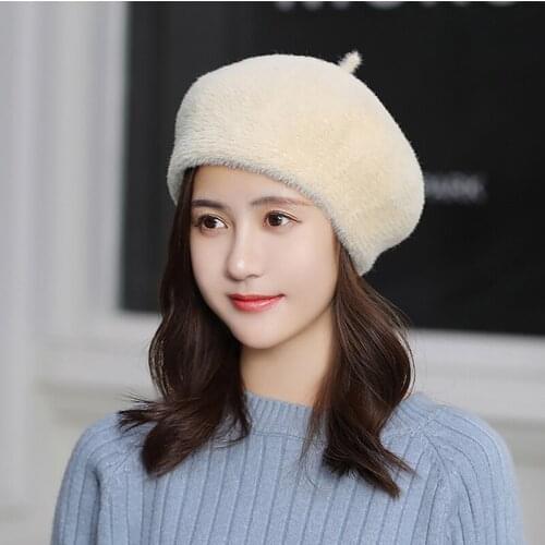 Women Rabbit Fur Knitted Berets Hats Casual Solid Color Autumn Girl Winter Hat Female Bonnet Caps Boina Feminino