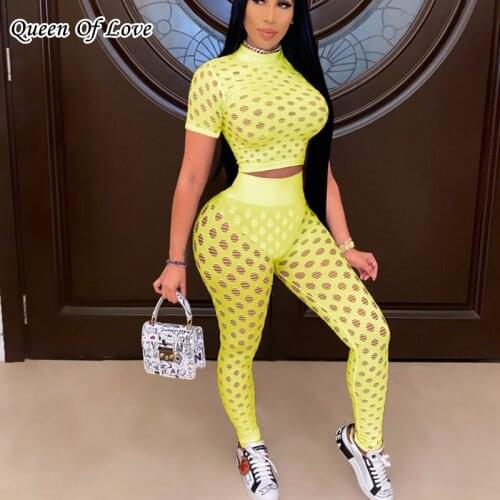 2021 Summer Fashion Hollow Out Tracksuit Pant Outfits Casual 2 Piece Women Shirt Crop Top And Stretch Leggings Matching Set