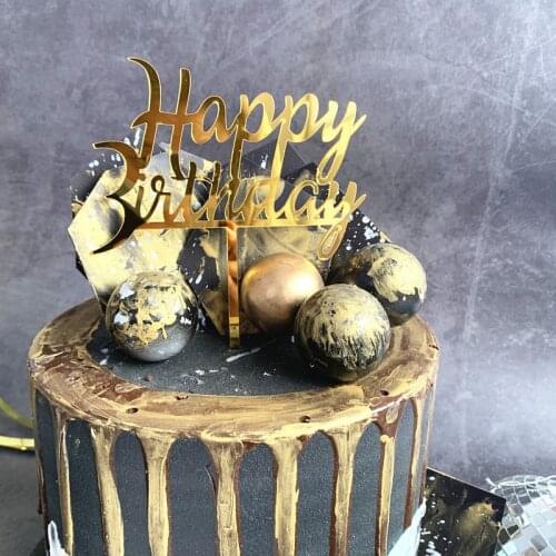 Golden Black Happy Birthday Cake Topper DIY Acrylic Dessert Dress Up Party Supplies Cupcake Topper for Party Decoration G