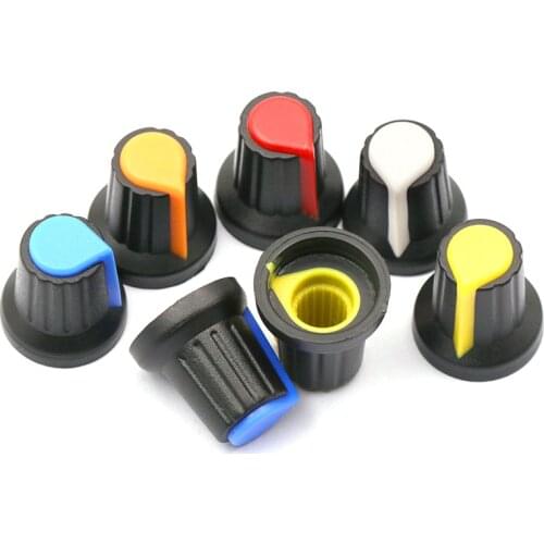 25PCS/lot WH148 potentiometer knob cap 15X17mm 6mm Shaft Hole AG2/AG3 Yellow Green Orange Blue White Red 6value*5PCS=25PCS