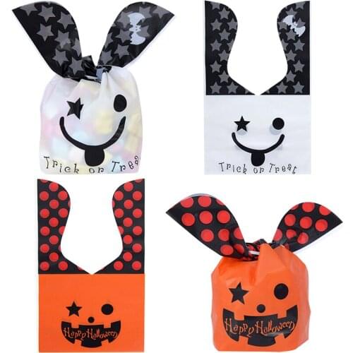 25Pcs Happy Halloween Rabbit Ear Trick or Treat Plastic Bags Candy Gift Bags Biscuits Baking Package Halloween Party Supplies