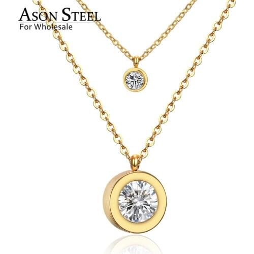 ASONSTEEL Classic Style Round Cubic Zirconia Pendants Necklaces Stainless Steel Double Chains Necklaces Party Wedding Wholesale