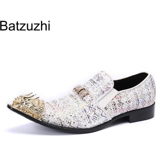 Batzuzhi 2021 New Mens Shoes Golden Metal Toe Leather Dress Shoes Men Slip on White Blink Party and Wedding Shoes for Men