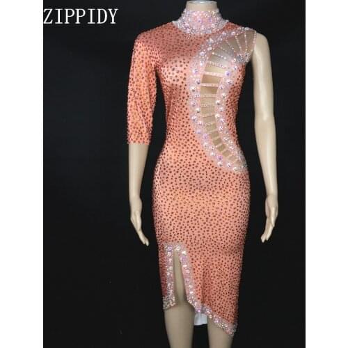 Shining Sexy AB Stones Orange Big Stretch Evening Long Dress Singel Sleeve Costume Singer Dance Shinning Rhinestones Dress