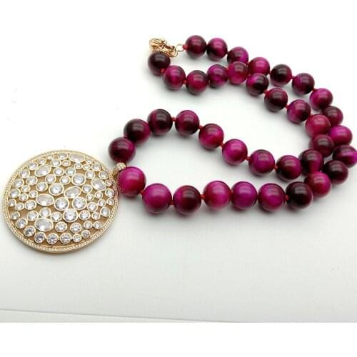 23'' cz pave gold plated big coin pendant 14mm Round Fuchsia Tiger Eye Necklace necklace ethnic style for women