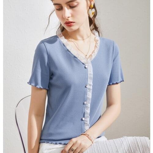 Ruffles V-Neck T Shirt Women 2021 Short Sleeve Summer Tops Cotton T-Shirt Womens Clothing Button Woman Tshirt Tee Shirt Femme