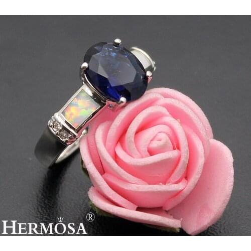 Hermosa Big Promotion Beautiful Shiny White Australian Opal BlueSapphire Wedding Rings Size 7 DF50