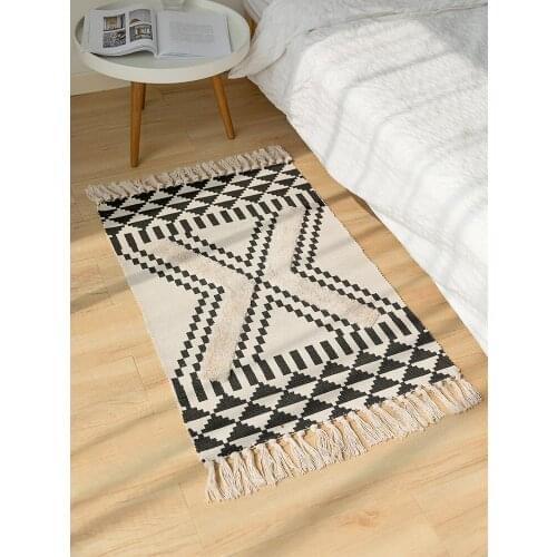 Cotton Area Rug Machine Washable Black Cream White Hand Woven Cotton Rug with Tassels Cotton Area Rug Runner for Living Room Mat