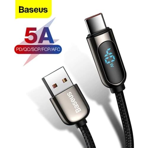 Baseus USB Type C Cable 5A Fast Charging For Huawei Xiaomi Samsung LED Display USB C Phone Charger Cable USB-C Data Wire Cord