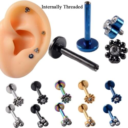 2PCS Crystal Ear Stud CZ Gem Sun Labret Surgical Steel Internally Threaded Trangle Lip Ring Tragus Cartilage Earring Piercing