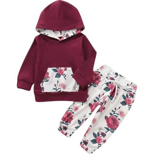 2Pcs Autumn Baby Girls Clothes Set Long Sleeve Hoodie Sweatshirt Tops+Flower Print Pants Outfits Kids Clothing for Infant Girl