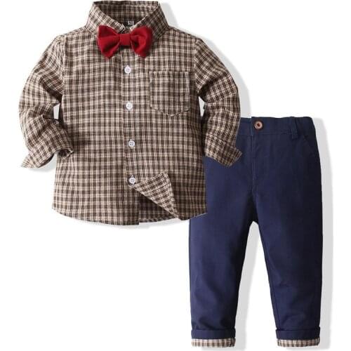 Baby Boys Clothing Sets Springs Autumn New Kids Boys Long Sleeve Plaid Bowtie Tops+Trouser Casual Clothes Outfit
