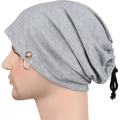 Multifunctional Mens Plain Sports Bandanas Women Ponytail Snood Hats Fashion Hiphop Skullies Cap Iron Ring,Gray Black Khaki