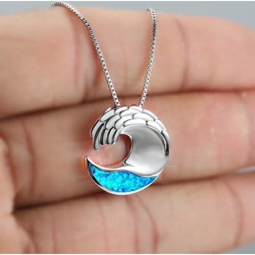 Fashion Ocean Wave Pendant Necklace Geometric Blue Opal Stone Necklace Classic Silver Color Chain Necklaces For Women Engagement