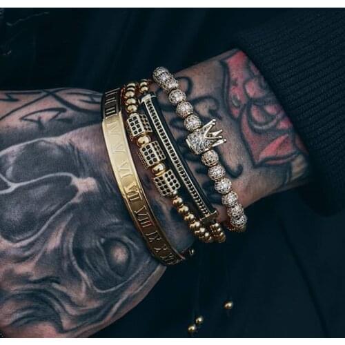 Men Luxury CZ Crown Braided Bracelets with Micro Pave Cubic Zirconia Stainless Steel Beads Bangle Charm Jewelry for Women Men