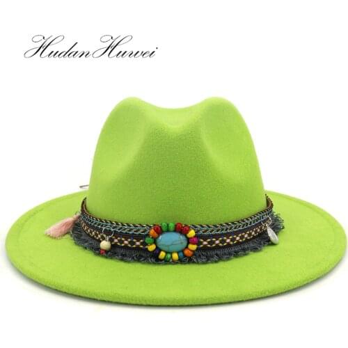 New Lime Green Hot Autumn Winter Sun Hat Women Men Fedora Hat Classical Wide Brim Felt Party Church Cap Wool Cap L XL