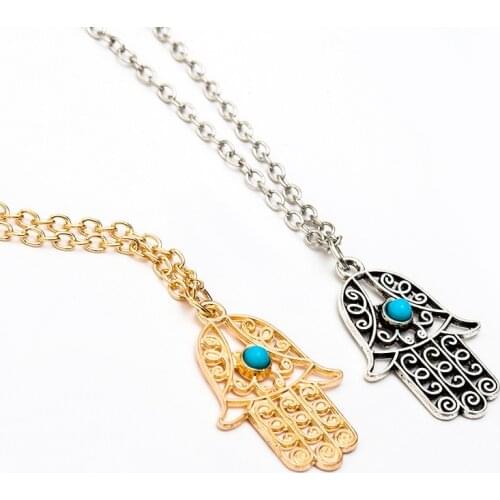 Fatima Hand Necklaces Hollow Pendant Gold Color Silver Link Chain Women Men Fashion Hamsa Hand Jewelry Blue Beads Charm Choker