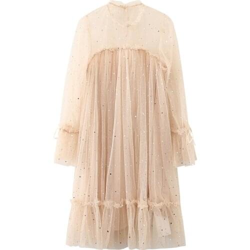 Plus size Women Sequins Mesh Dress Summer see through mesh sleeve Bling Fairy Dress Female Ruffles korean sweet lace Dresses