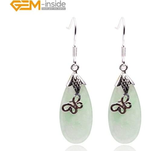 Gem-inside 12x30mm Drip Drop Semi-precious Stone Dangle Earrings Tibetan Silver Hooks Earrings For Women Trinket Gift Jewellery