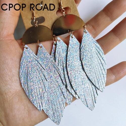 Cpop Glitter Sheepskin Leather Earrings for Women Leaf Tassel Pendants Dangle Earrings Statement Female Geometric Jewelry Gifts