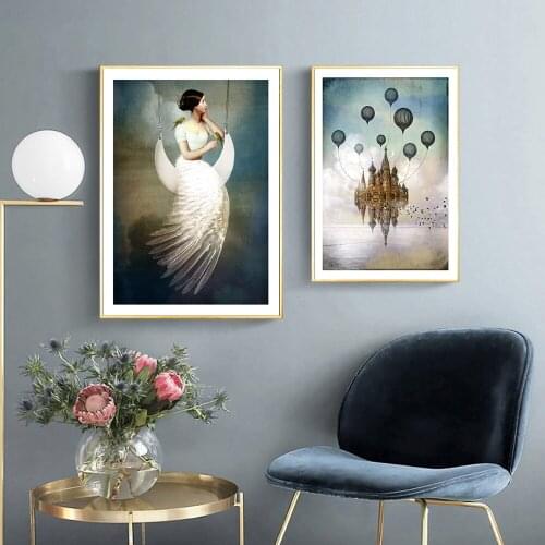 Fairy Art Print Canvas Painting Ink-Green Style Poster and Prints Magic Castle Picture on The Wall Decor for Living Room