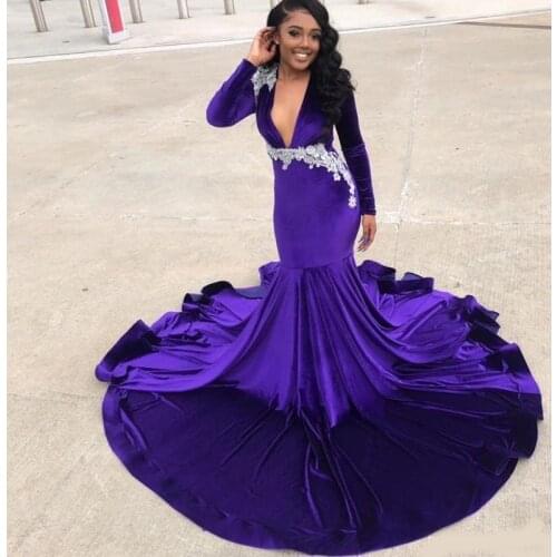 Stylish Purple Velvet Mermaid Prom Dresses Sheer Deep V Neck Beaded Long Sleeves Evening Gowns Plus Size Sweep Train Appliqued F