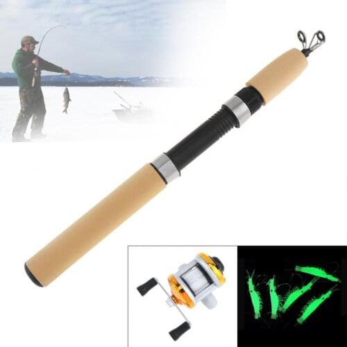 55cm Ice Fishing Combo Telescopic Fishing Rod + Ice Reel with Line + 5pcs Luminous Shrimp Lures Hook
