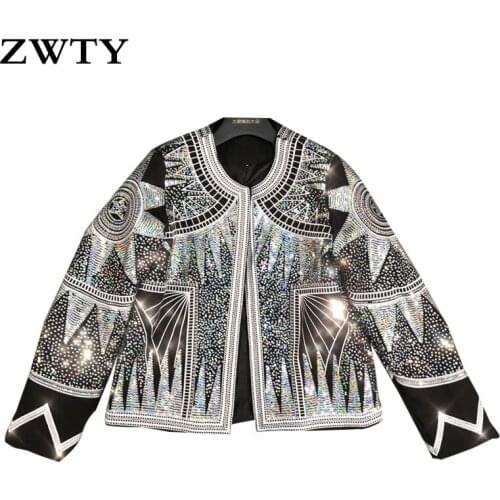 ZWTY Spring Woman Sequins Jacket Round Neck Long Sleeve Chic Fashion Coat Bling Embroidery Street Boho Vintage Jacket Lady