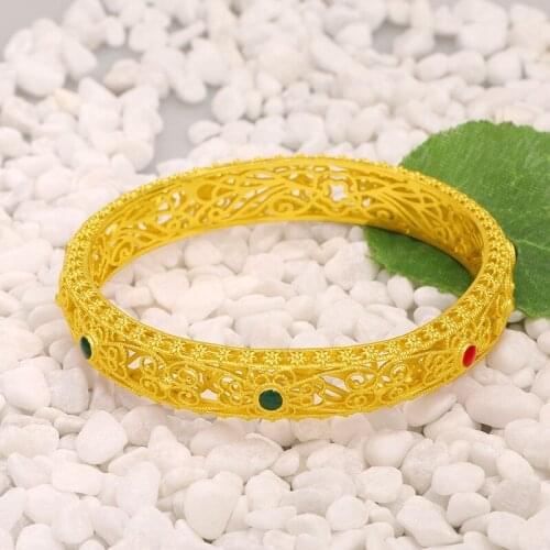 Yellow Gold Color Bracelet & Bangles for Women Exquisite Hollow Enamel Bracelet Retro Flower Design Bride Wedding Jewelry Gifts