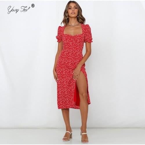Sexy Split Midi Dresses Summer 2021 New Women Boho Beach Short Sleeve Square Collar Solid Vintage Bodycon Elegant Print Sundress