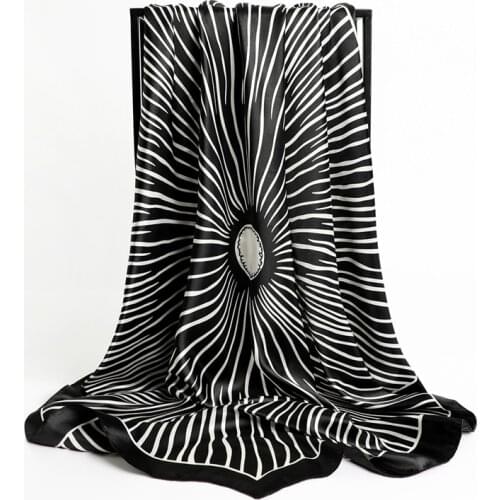 2021 New Design Satin Silk Square Scarf Women Black White Stripe Dot 90cm*90cm Handscarves Shawl Wrap Bandana Female Under Scarf