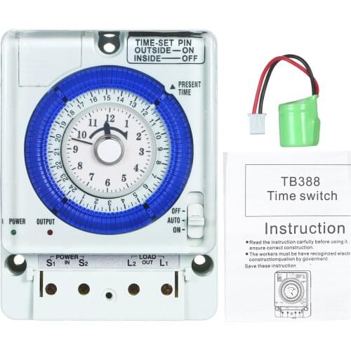 24-Hour Mechanical Timer with Battery 15-Minute Intervals Push Pins 100V-240V 15A Time Switch Din Rail Ideal for Lights LED CFL
