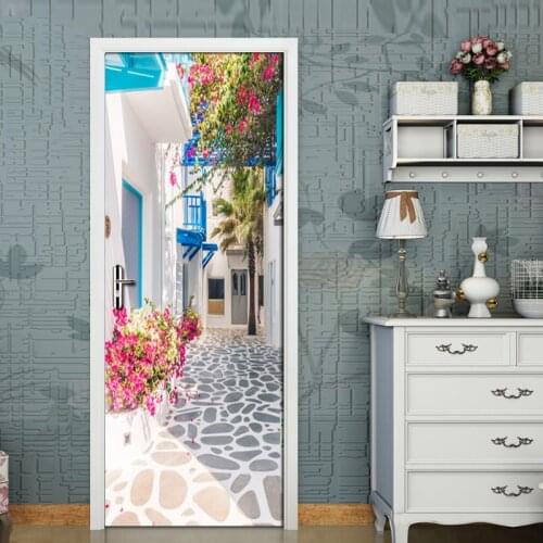 European Town Street View 3D Photo Wallpaper PVC Waterproof Self-adhesive Door Sticker Mural Home Decoration Papel De Parede