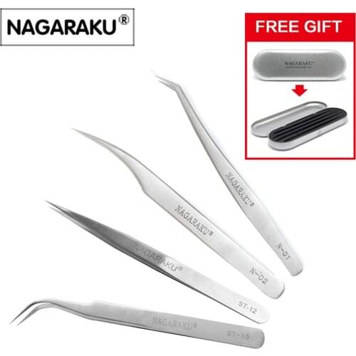 NAGARAKU 4PCS High Quality Stainless Steel Industry Antistatic High Precision Tweezers Eyelash Extension Tool Tweezers Box Free