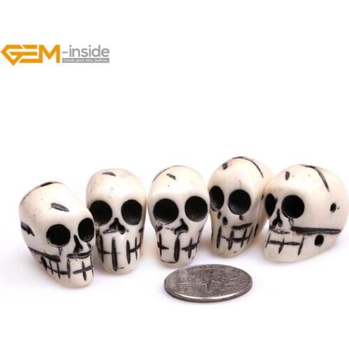 Gem-inside Natural Large Carved Bone Skull Beads For Halloween Jewelry Making Decoration Sphere Bulk 5pcs DIY Jewellery