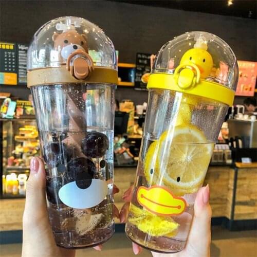 500ml Creative Cartoon Straw Cup Cute Animal Plastic Water Bottle Kids Girls Portable Leak Proof Fruit with Juice Mixing Cups