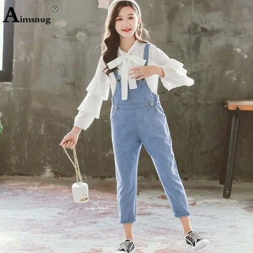 Aimsnug 2021 Kids Clothes Baby Girls Demin Suspending Jumpsuits Princess 2PCS Outfits Children Petal Sleeve Two Piece Shirt Sets