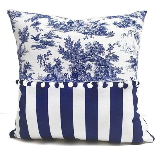 Navy blue Stripe Pompon Accessorized Blue Pillow decorate Case 2021 New Cushion High Quality Home Decoration Sofa chair Accessory