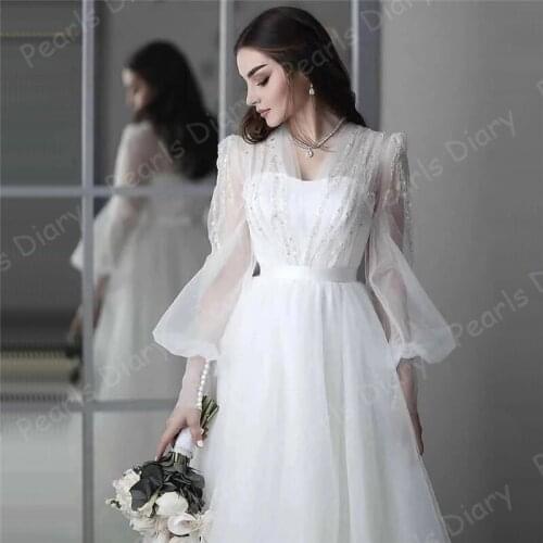 White Simple Sexy Wedding Dresses With Beaded 2021 Vestidos De Noiva Lantern Sleeves Photography Bridal Bride Gowns Customized