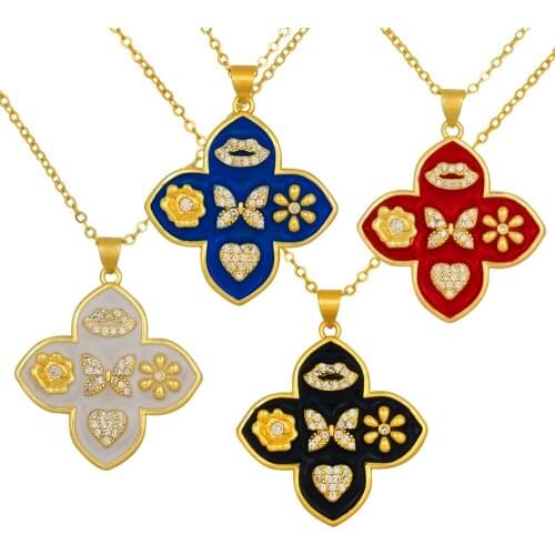CZ Stone Butterfly Lips Flower Heart Necklaces Woman Enamel Vintage Jewelery Party Gift Cubic Zirconia Butterfly Necklace