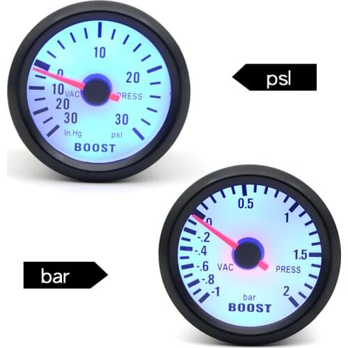 Dragon Gauge 2" 52mm Bar Turbo Boost Gauge -1~2 Bar / -30~30 PSI Vacuum Press Meter Analog Black Case With Blue LED