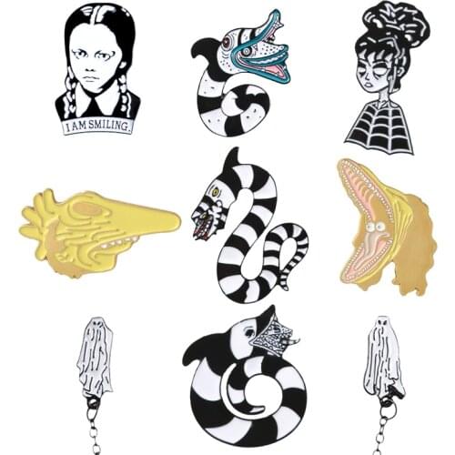 Snake Adam And Barbara enamel pin White ghost Campus style girl lapel pin badge Shirt bag jewelry Horror movie brooch gifts