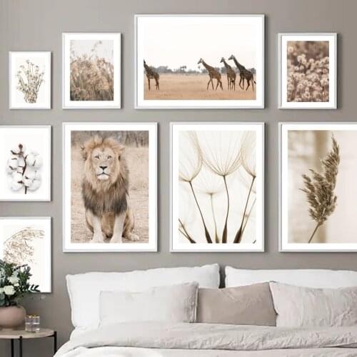 Lion Giraffe Dandelion Reed Cotton Flower Grass Beige Wall Art Print Canvas Painting Nordic Poster Decor Picture For Living Room