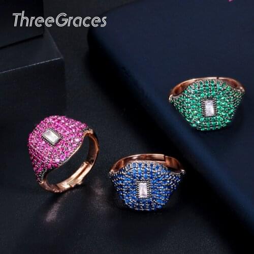 ThreeGraces New Square Hot Pink Green Blue Micro Pave Cubic Zircon Rose Gold Adjustable Finger Ring Ladies Party Jewelry RG125