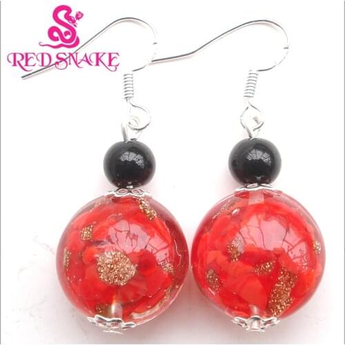 RED SNAKE Fashion Earring Handcraft Ablaze Red with Golden sand spot Murano Glass Dangle Earrings