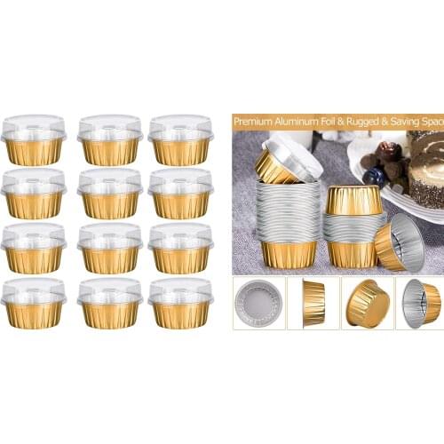 Kitchen accessoriDessert Cups with Lids, Gold Aluminum Foil Baking Cups Holders, Cupcake Bake Utility Ramekin Clear Pudding Cups