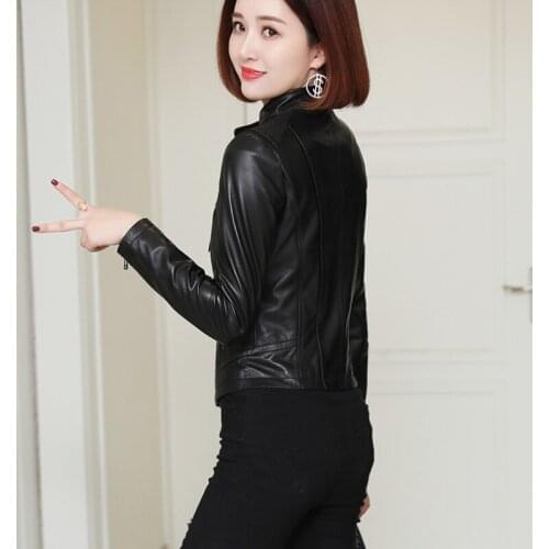 Spring Autumn Women Casual Short Sheepskin Coat Zipper Stand Collar Motor Biker Genuine Leather Jacket Luxury Female Outwear 4XL