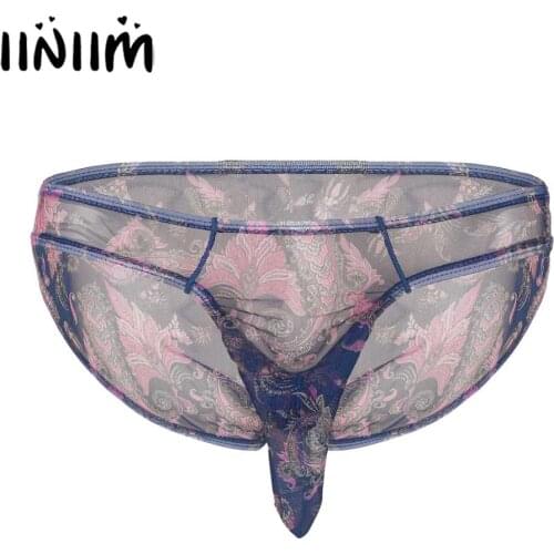 Mens Exotic Underwear Mesh Knickers Lingerie Panties Closed Penis Jockstraps Dildo Sheath Printed Briefs Male Sexy Underwear